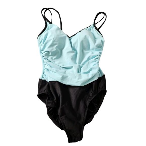 Trimshaper Swimsuit Bathing Suit Size 10 Aqua Blue Black Slimming Ruched - Picture 1 of 7